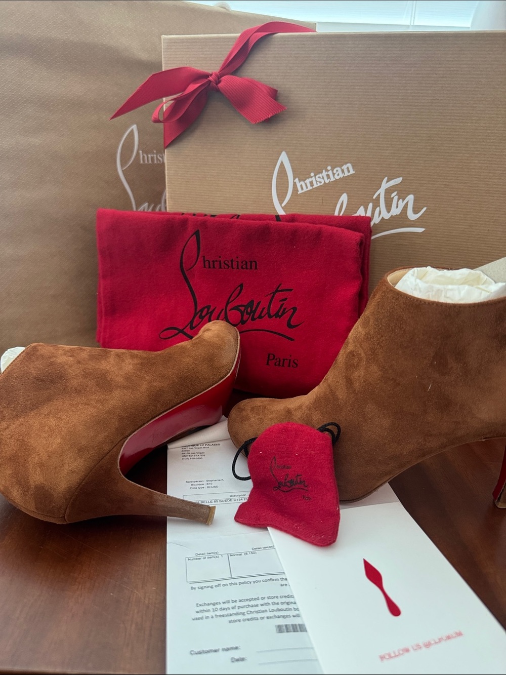 Christian Louboutin Belle 85 Suede Ankle Booties in Chestnut Brown